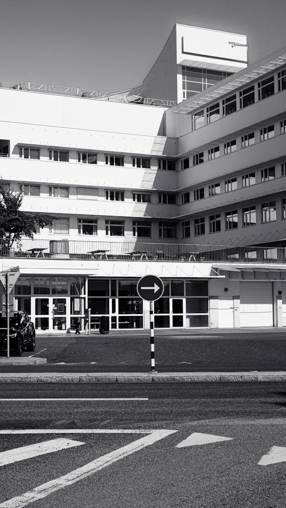 Black and white image of a modern building facade in Jönköping, Sweden.